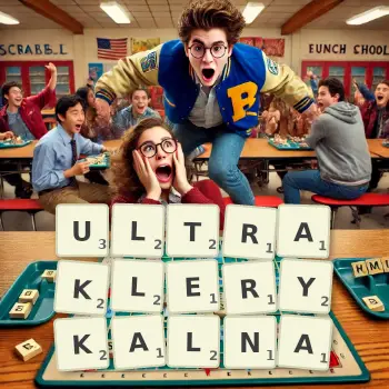 Kreatywna ilustracja do gry w Scrabble ze słowem ULTRAKLERYKALNA ułożonym z płytek na planszy.