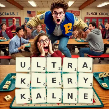 Kreatywna ilustracja do gry w Scrabble ze słowem ULTRAKLERYKALNE ułożonym z płytek na planszy.