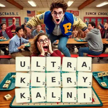 Kreatywna ilustracja do gry w Scrabble ze słowem ULTRAKLERYKALNI ułożonym z płytek na planszy.