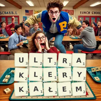 Kreatywna ilustracja do gry w Scrabble ze słowem ULTRAKLERYKAŁEM ułożonym z płytek na planszy.