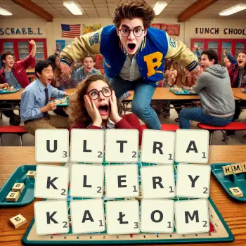 Kreatywna ilustracja do gry w Scrabble ze słowem ULTRAKLERYKAŁOM ułożonym z płytek na planszy.
