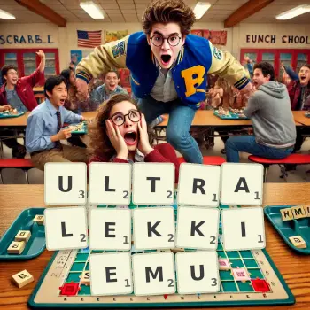 Kreatywna ilustracja do gry w Scrabble ze słowem ULTRALEKKIEMU ułożonym z płytek na planszy.