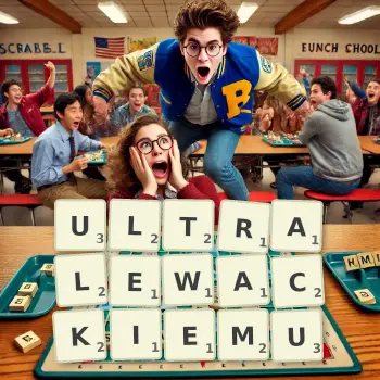 Kreatywna ilustracja do gry w Scrabble ze słowem ULTRALEWACKIEMU ułożonym z płytek na planszy.