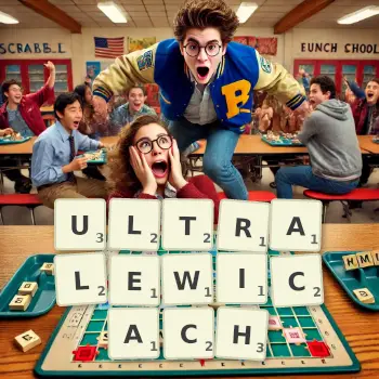 Kreatywna ilustracja do gry w Scrabble ze słowem ULTRALEWICACH ułożonym z płytek na planszy.