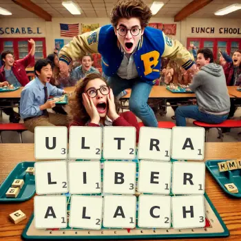 Kreatywna ilustracja do gry w Scrabble ze słowem ULTRALIBERALACH ułożonym z płytek na planszy.