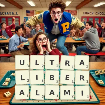 Kreatywna ilustracja do gry w Scrabble ze słowem ULTRALIBERALAMI ułożonym z płytek na planszy.