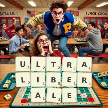 Kreatywna ilustracja do gry w Scrabble ze słowem ULTRALIBERALE ułożonym z płytek na planszy.