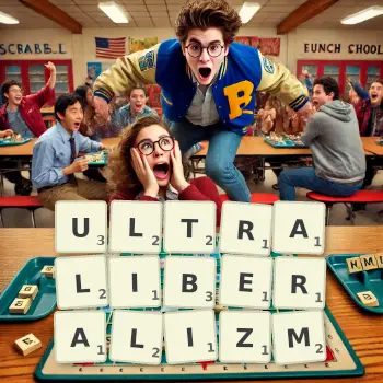 Kreatywna ilustracja do gry w Scrabble ze słowem ULTRALIBERALIZM ułożonym z płytek na planszy.