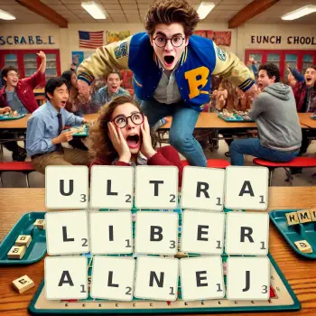 Kreatywna ilustracja do gry w Scrabble ze słowem ULTRALIBERALNEJ ułożonym z płytek na planszy.