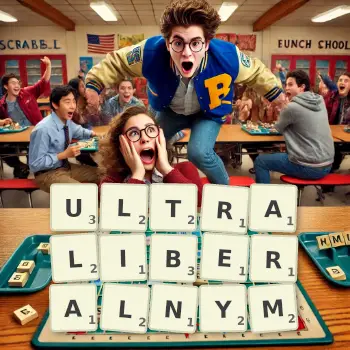 Kreatywna ilustracja do gry w Scrabble ze słowem ULTRALIBERALNYM ułożonym z płytek na planszy.