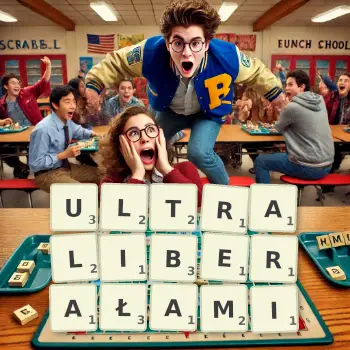 Kreatywna ilustracja do gry w Scrabble ze słowem ULTRALIBERAŁAMI ułożonym z płytek na planszy.