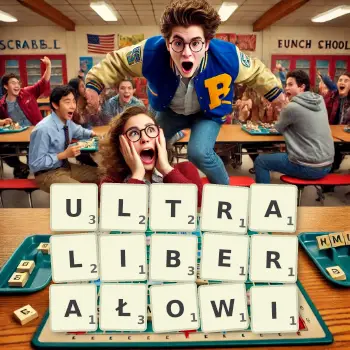 Kreatywna ilustracja do gry w Scrabble ze słowem ULTRALIBERAŁOWI ułożonym z płytek na planszy.