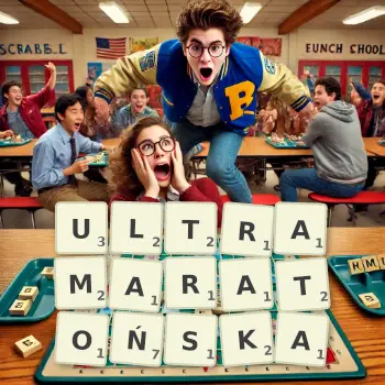 Kreatywna ilustracja do gry w Scrabble ze słowem ULTRAMARATOŃSKA ułożonym z płytek na planszy.