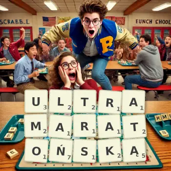 Kreatywna ilustracja do gry w Scrabble ze słowem ULTRAMARATOŃSKĄ ułożonym z płytek na planszy.