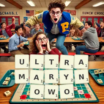 Kreatywna ilustracja do gry w Scrabble ze słowem ULTRAMARYNOWO ułożonym z płytek na planszy.