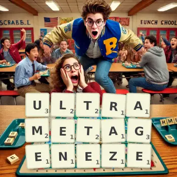 Kreatywna ilustracja do gry w Scrabble ze słowem ULTRAMETAGENEZE ułożonym z płytek na planszy.