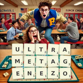 Kreatywna ilustracja do gry w Scrabble ze słowem ULTRAMETAGENEZO ułożonym z płytek na planszy.