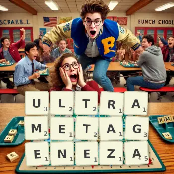 Kreatywna ilustracja do gry w Scrabble ze słowem ULTRAMETAGENEZĄ ułożonym z płytek na planszy.