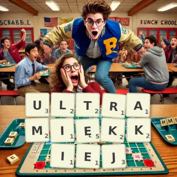 Kreatywna ilustracja do gry w Scrabble ze słowem ULTRAMIĘKKIEJ ułożonym z płytek na planszy.