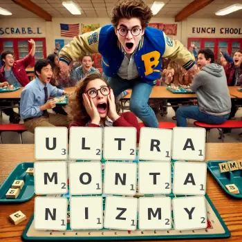 Kreatywna ilustracja do gry w Scrabble ze słowem ULTRAMONTANIZMY ułożonym z płytek na planszy.