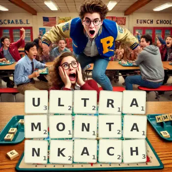 Kreatywna ilustracja do gry w Scrabble ze słowem ULTRAMONTANKACH ułożonym z płytek na planszy.