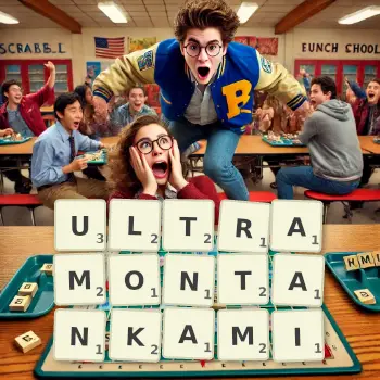 Kreatywna ilustracja do gry w Scrabble ze słowem ULTRAMONTANKAMI ułożonym z płytek na planszy.