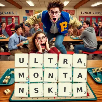 Kreatywna ilustracja do gry w Scrabble ze słowem ULTRAMONTANSKIM ułożonym z płytek na planszy.