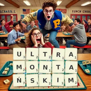 Kreatywna ilustracja do gry w Scrabble ze słowem ULTRAMONTAŃSKIM ułożonym z płytek na planszy.