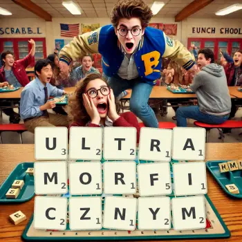 Kreatywna ilustracja do gry w Scrabble ze słowem ULTRAMORFICZNYM ułożonym z płytek na planszy.