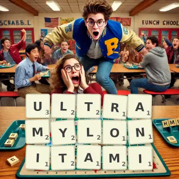 Kreatywna ilustracja do gry w Scrabble ze słowem ULTRAMYLONITAMI ułożonym z płytek na planszy.