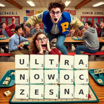 Kreatywna ilustracja do gry w Scrabble ze słowem ULTRANOWOCZESNA ułożonym z płytek na planszy.