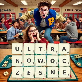 Kreatywna ilustracja do gry w Scrabble ze słowem ULTRANOWOCZESNE ułożonym z płytek na planszy.
