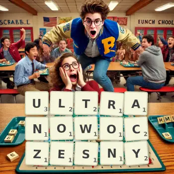 Kreatywna ilustracja do gry w Scrabble ze słowem ULTRANOWOCZESNY ułożonym z płytek na planszy.