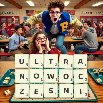 Kreatywna ilustracja do gry w Scrabble ze słowem ULTRANOWOCZEŚNI ułożonym z płytek na planszy.