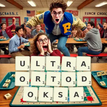 Kreatywna ilustracja do gry w Scrabble ze słowem ULTRAORTODOKSA ułożonym z płytek na planszy.