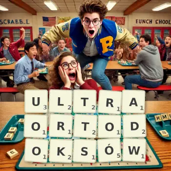 Kreatywna ilustracja do gry w Scrabble ze słowem ULTRAORTODOKSÓW ułożonym z płytek na planszy.