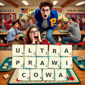 Kreatywna ilustracja do gry w Scrabble ze słowem ULTRAPRAWICOWA ułożonym z płytek na planszy.