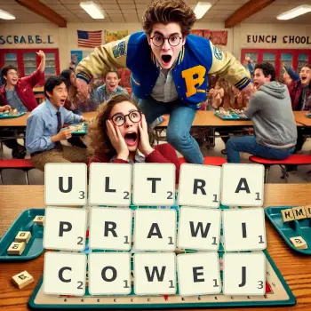 Kreatywna ilustracja do gry w Scrabble ze słowem ULTRAPRAWICOWEJ ułożonym z płytek na planszy.