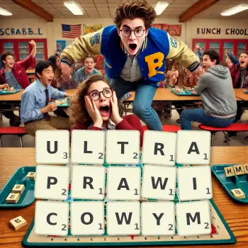 Kreatywna ilustracja do gry w Scrabble ze słowem ULTRAPRAWICOWYM ułożonym z płytek na planszy.