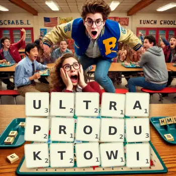 Kreatywna ilustracja do gry w Scrabble ze słowem ULTRAPRODUKTOWI ułożonym z płytek na planszy.