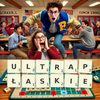 Kreatywna ilustracja do gry w Scrabble ze słowem ULTRAPŁASKIE ułożonym z płytek na planszy.