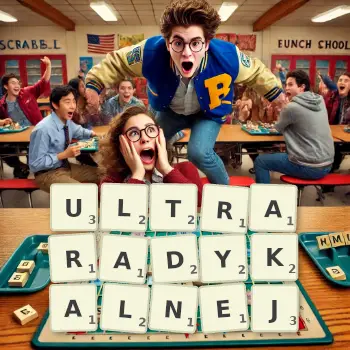 Kreatywna ilustracja do gry w Scrabble ze słowem ULTRARADYKALNEJ ułożonym z płytek na planszy.