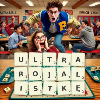 Kreatywna ilustracja do gry w Scrabble ze słowem ULTRAROJALISTKĘ ułożonym z płytek na planszy.