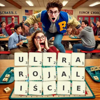 Kreatywna ilustracja do gry w Scrabble ze słowem ULTRAROJALIŚCIE ułożonym z płytek na planszy.