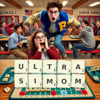 Kreatywna ilustracja do gry w Scrabble ze słowem ULTRASIMOM ułożonym z płytek na planszy.