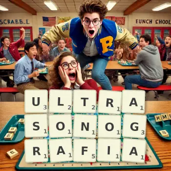 Kreatywna ilustracja do gry w Scrabble ze słowem ULTRASONOGRAFIA ułożonym z płytek na planszy.