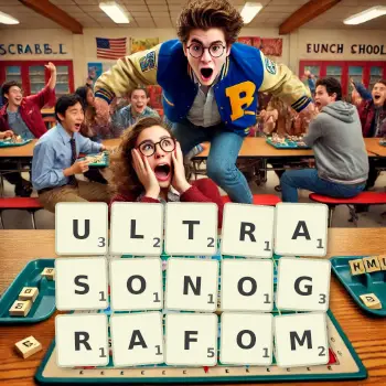 Kreatywna ilustracja do gry w Scrabble ze słowem ULTRASONOGRAFOM ułożonym z płytek na planszy.