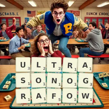 Kreatywna ilustracja do gry w Scrabble ze słowem ULTRASONOGRAFOW ułożonym z płytek na planszy.