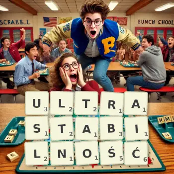 Kreatywna ilustracja do gry w Scrabble ze słowem ULTRASTABILNOŚĆ ułożonym z płytek na planszy.