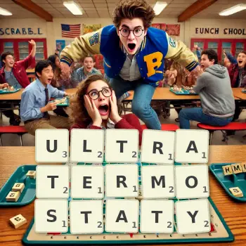 Kreatywna ilustracja do gry w Scrabble ze słowem ULTRATERMOSTATY ułożonym z płytek na planszy.